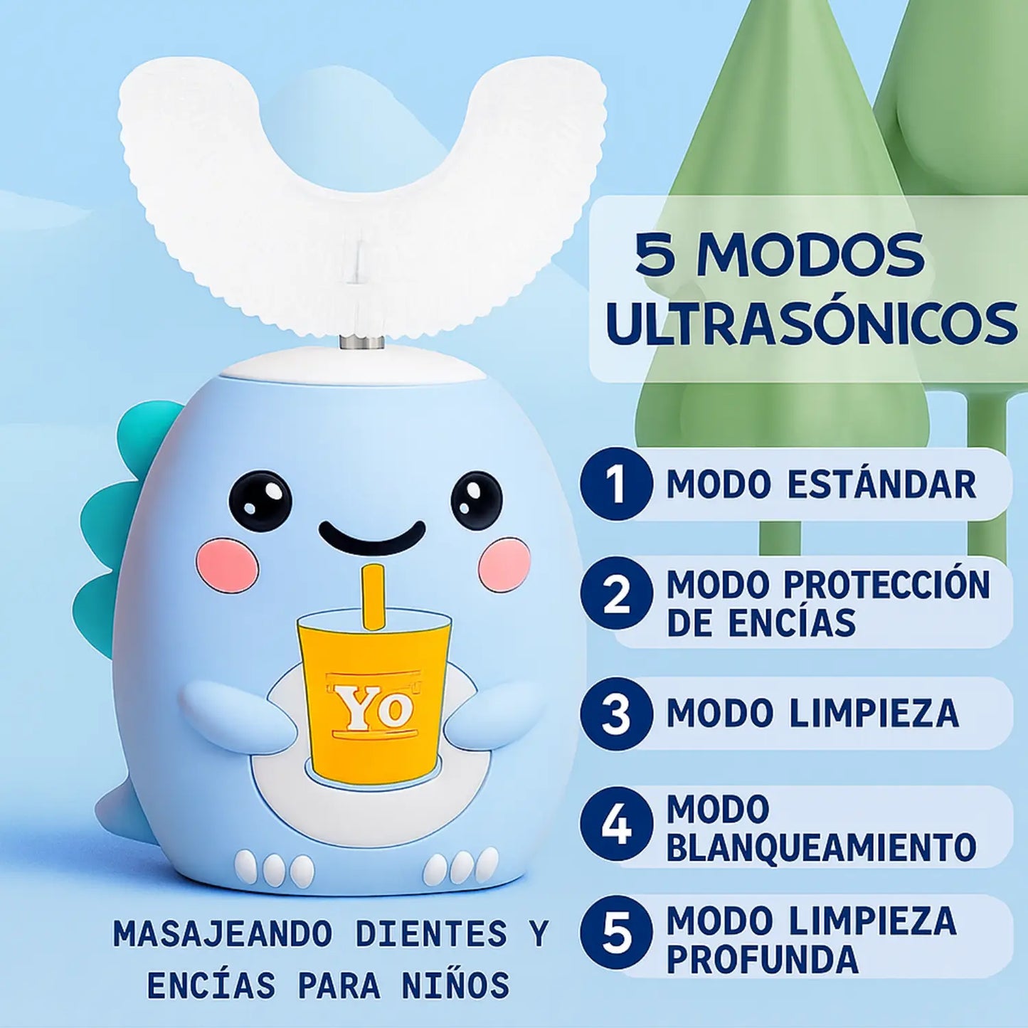 Cepillo de Dientes Eléctrico Infantil 360º en Forma de U (Incluye Pasta Dental + 3 Cabezales Extras)